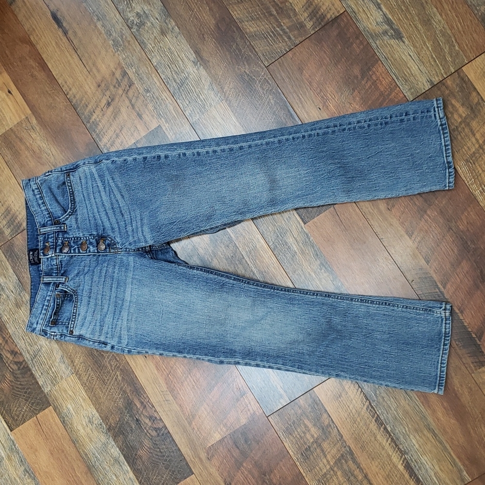 J Crew High Rise Crop Flare Blue Jeans with Button Fly, Size 24